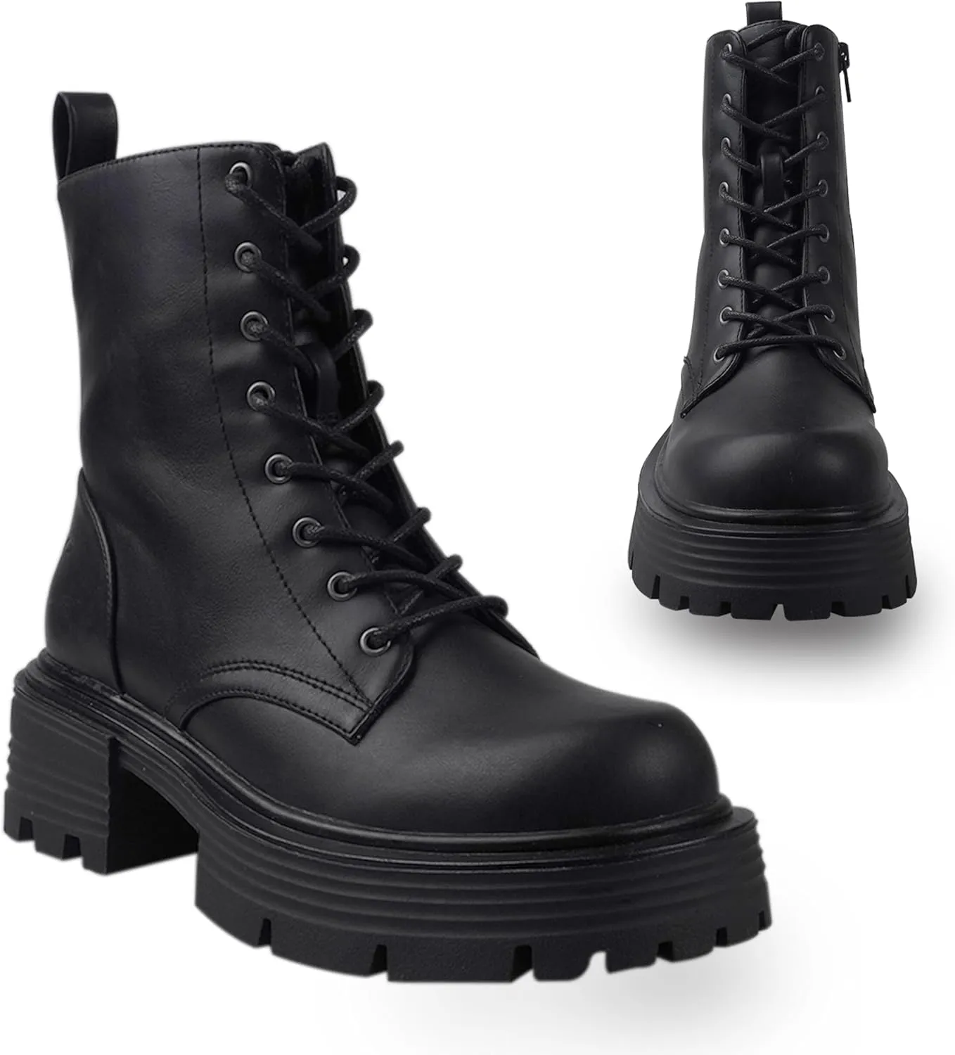 CANDIE'S Regine Lace Up Combat Boots for Women, Mid-Calf Lace Up Boots, Platform Lug Sole Heeled Boots with Side Zip, Chunky Heel Black Boots