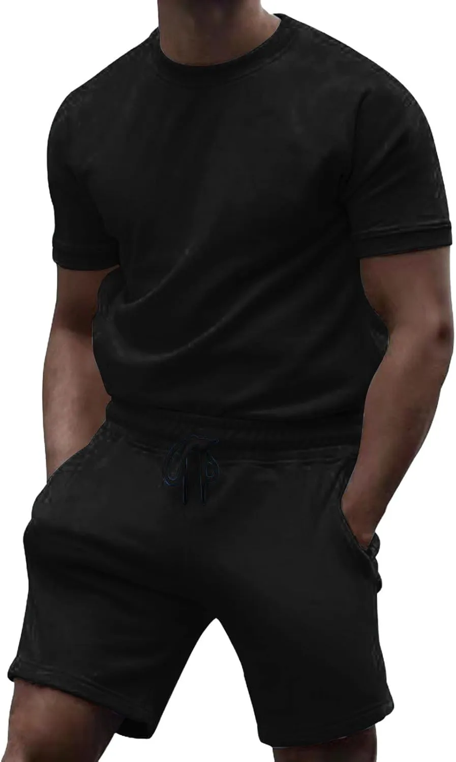Casual 2 Piece Tracksuits for Men Slim Fit Crewneck Short Sleeve Shirt and Drawstring Shorts Sets Solid Curved Hem Outfits