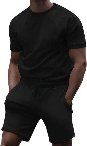 Casual 2 Piece Tracksuits for Men Slim Fit Crewneck Short Sleeve Shirt and Drawstring Shorts Sets Solid Curved Hem Outfits