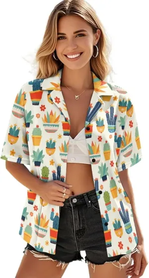 Casual Button Down Short Sleeve for Women V-Neck Shirt Oversize Blouse Travel Crop Tops for Beach Size S-2XL