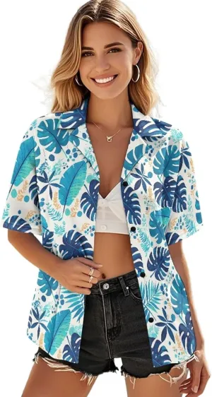 Casual Button Down Short Sleeve for Women V-Neck Shirt Oversize Blouse Travel Crop Tops for Beach Size S-2XL