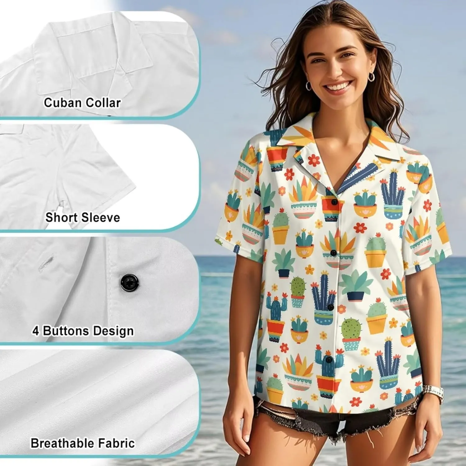 Casual Button Down Short Sleeve for Women V-Neck Shirt Oversize Blouse Travel Crop Tops for Beach Size S-2XL