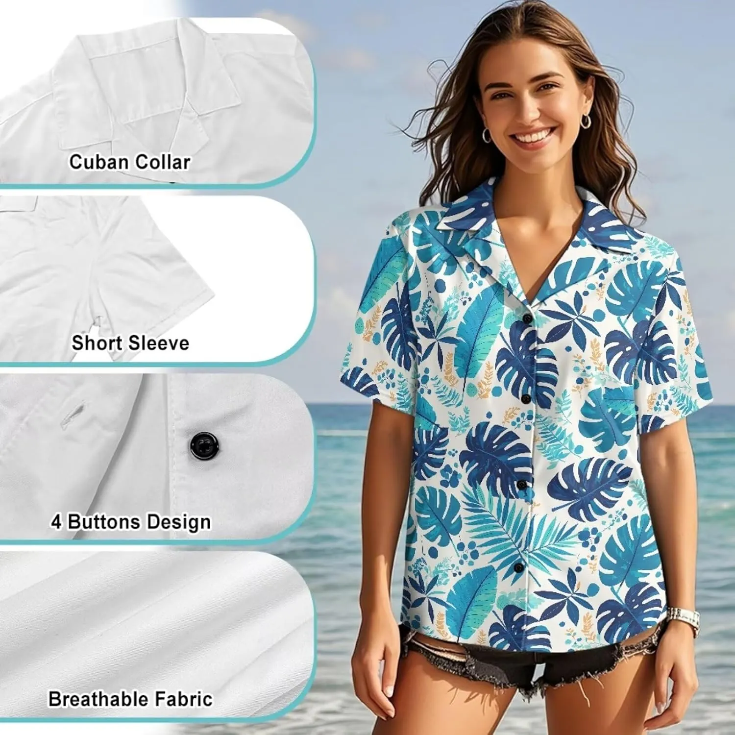 Casual Button Down Short Sleeve for Women V-Neck Shirt Oversize Blouse Travel Crop Tops for Beach Size S-2XL