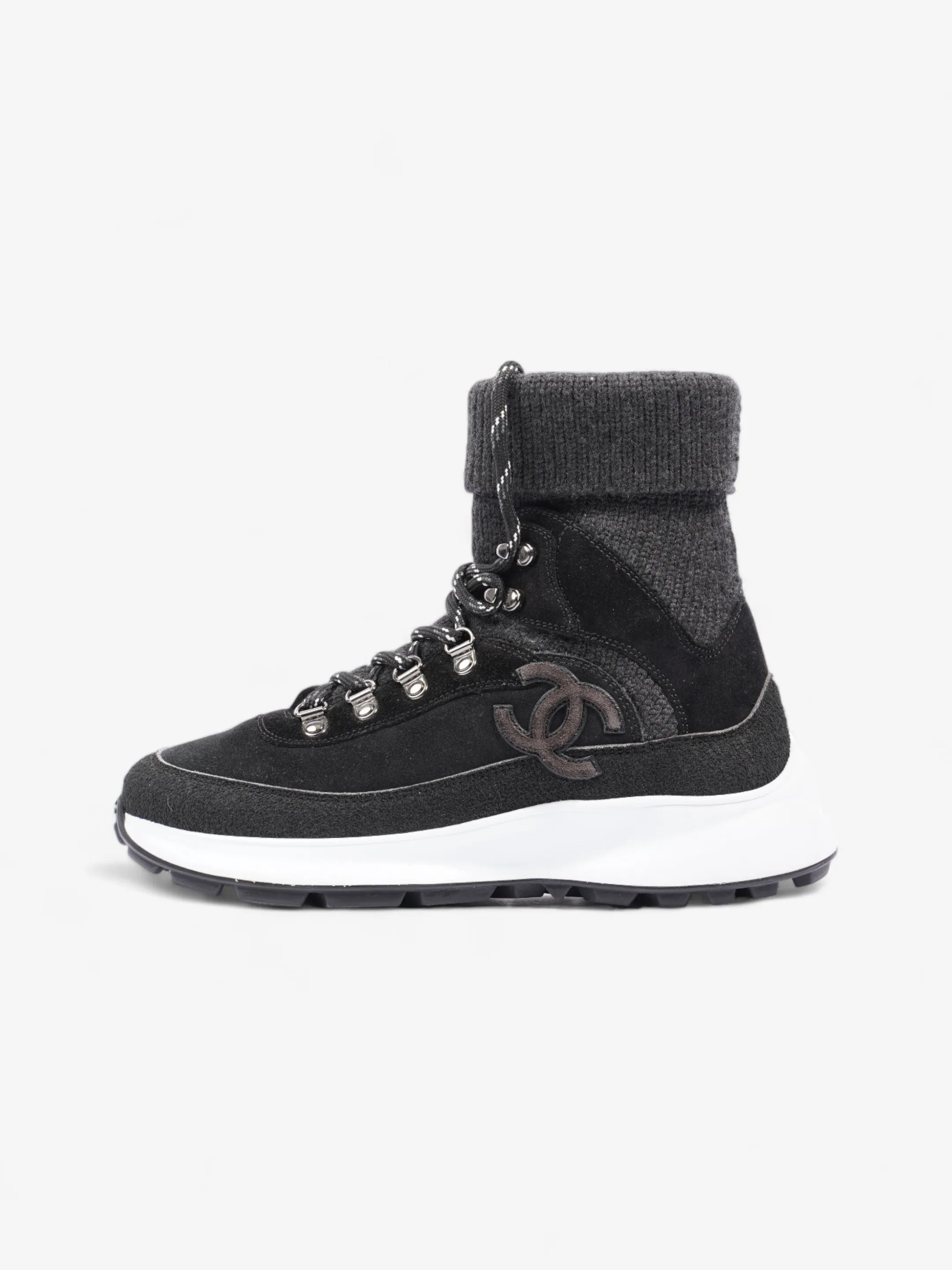 Chanel Interlocking CC Logo High Top Sneaker Black / Dark Grey Knit EU 38 UK 5