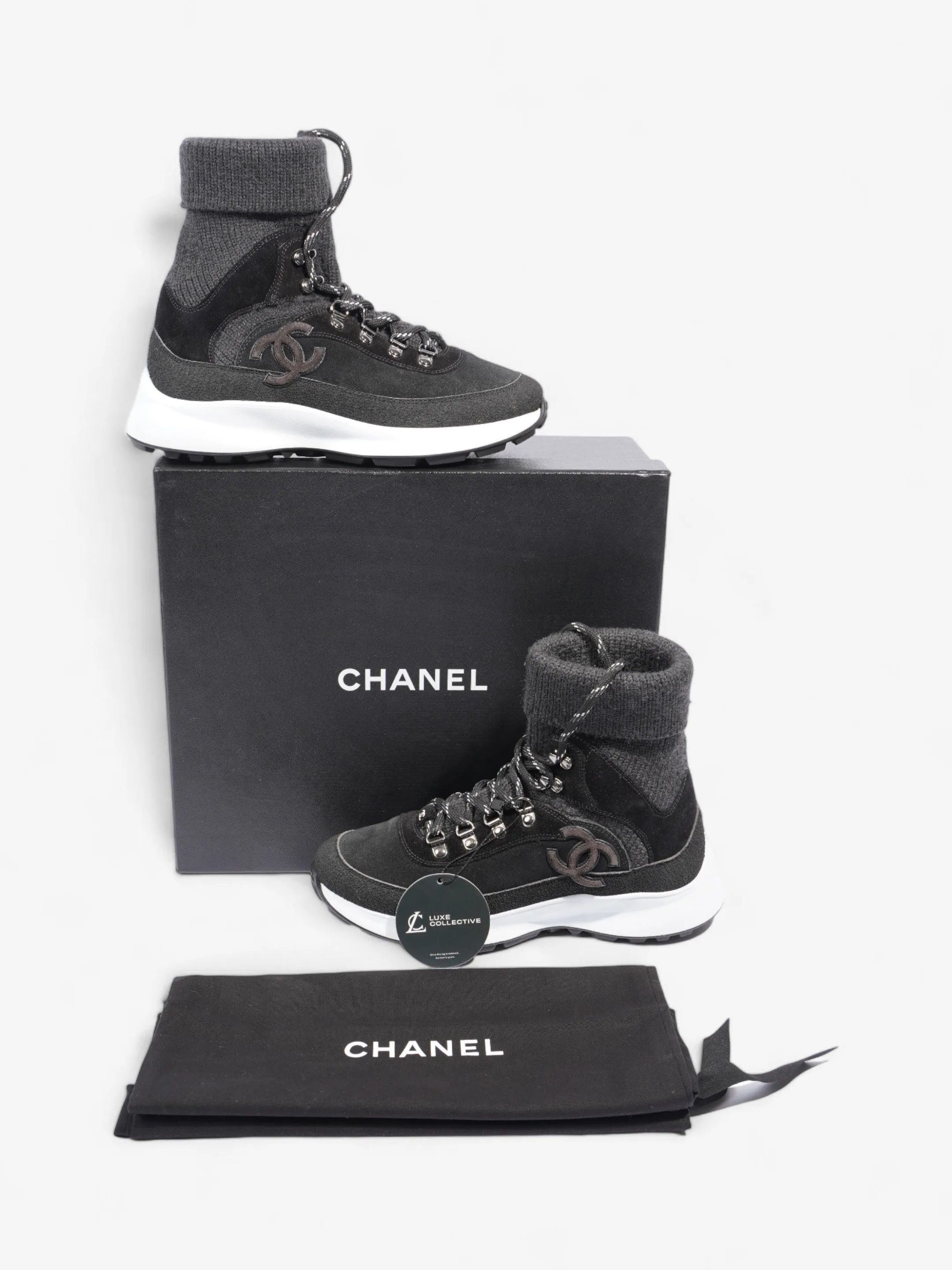 Chanel Interlocking CC Logo High Top Sneaker Black / Dark Grey Knit EU 38 UK 5
