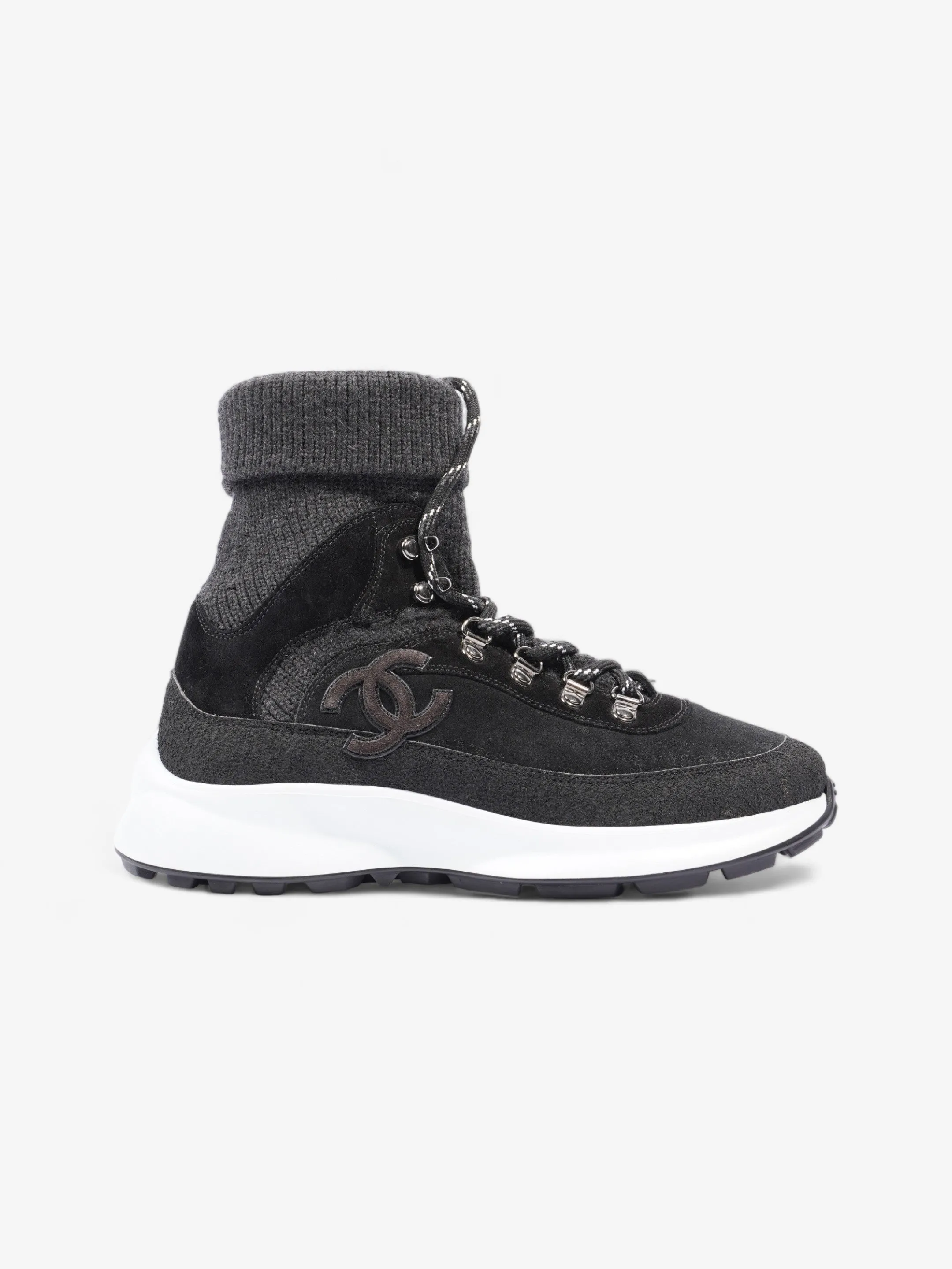 Chanel Interlocking CC Logo High Top Sneaker Black / Dark Grey Knit EU 38 UK 5