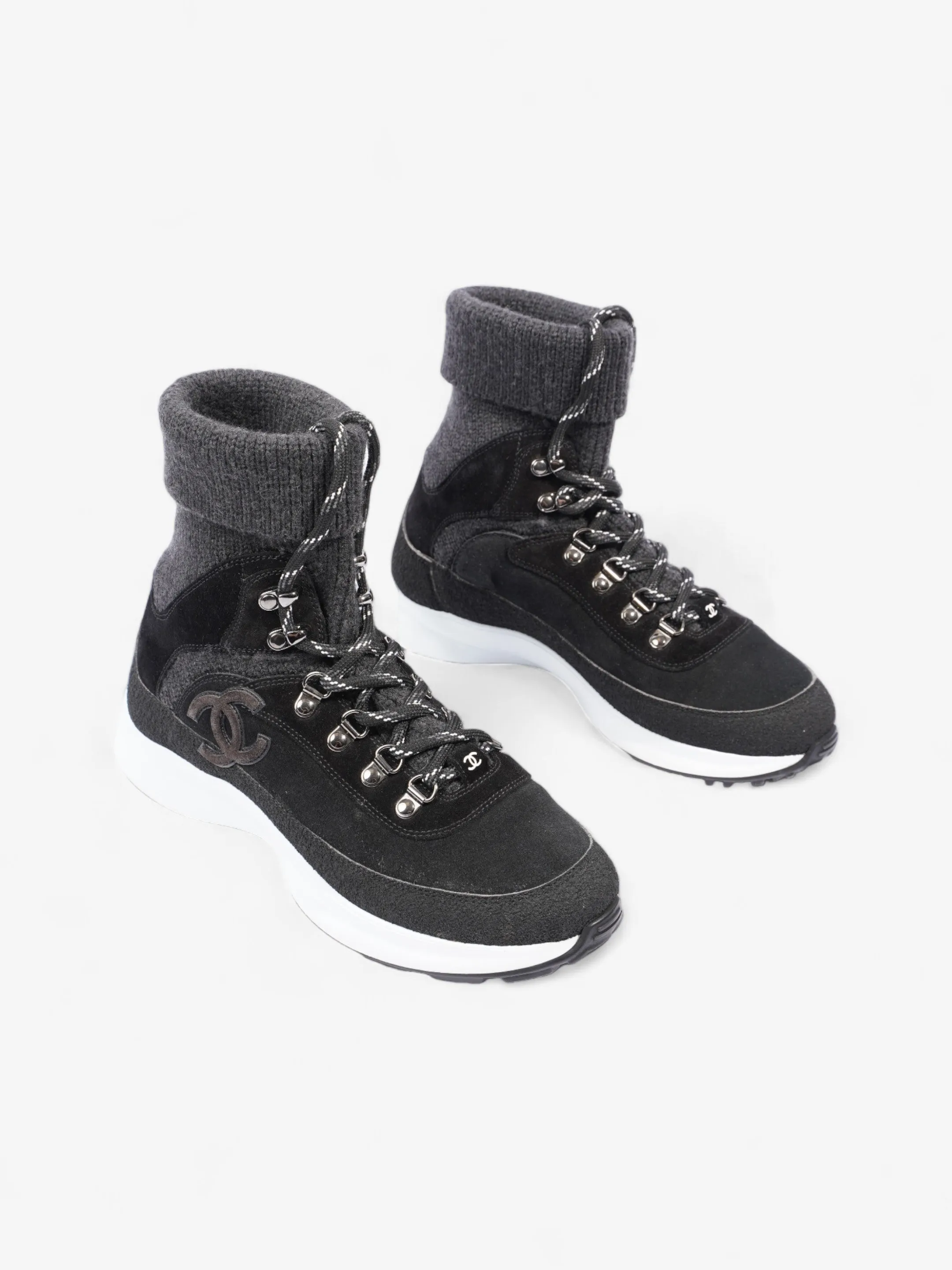 Chanel Interlocking CC Logo High Top Sneaker Black / Dark Grey Knit EU 38 UK 5