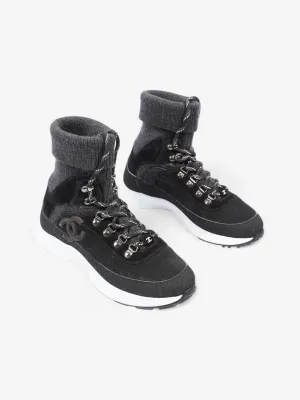 Chanel Interlocking CC Logo High Top Sneaker Black / Dark Grey Knit EU 38 UK 5