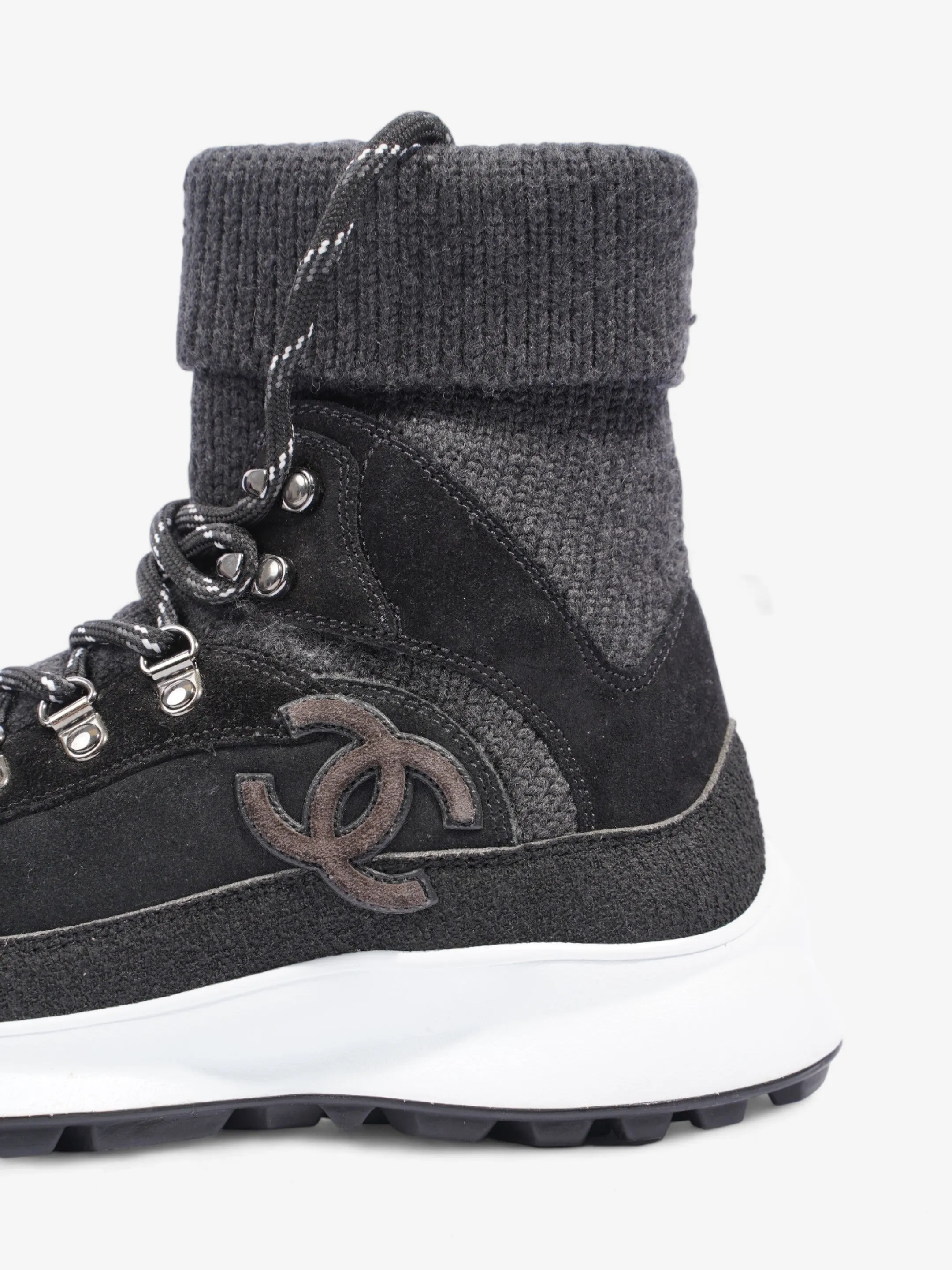 Chanel Interlocking CC Logo High Top Sneaker Black / Dark Grey Knit EU 38 UK 5