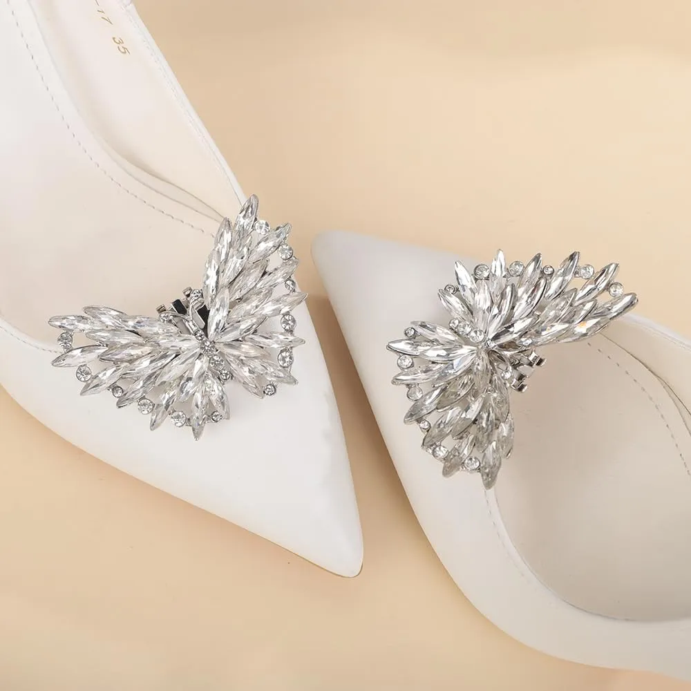 Chargances 2Pcs Rhinestones Butterfly Wedding Shoe Clips Sparkly Bridal Crystal Shoes Buckle on Flat and Heel Shoes Charms