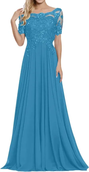 Chiffon Mother of The Bride Dresses Women's Lace Applique Beaded Formal Dresses Short Sleeve Evening Gowns