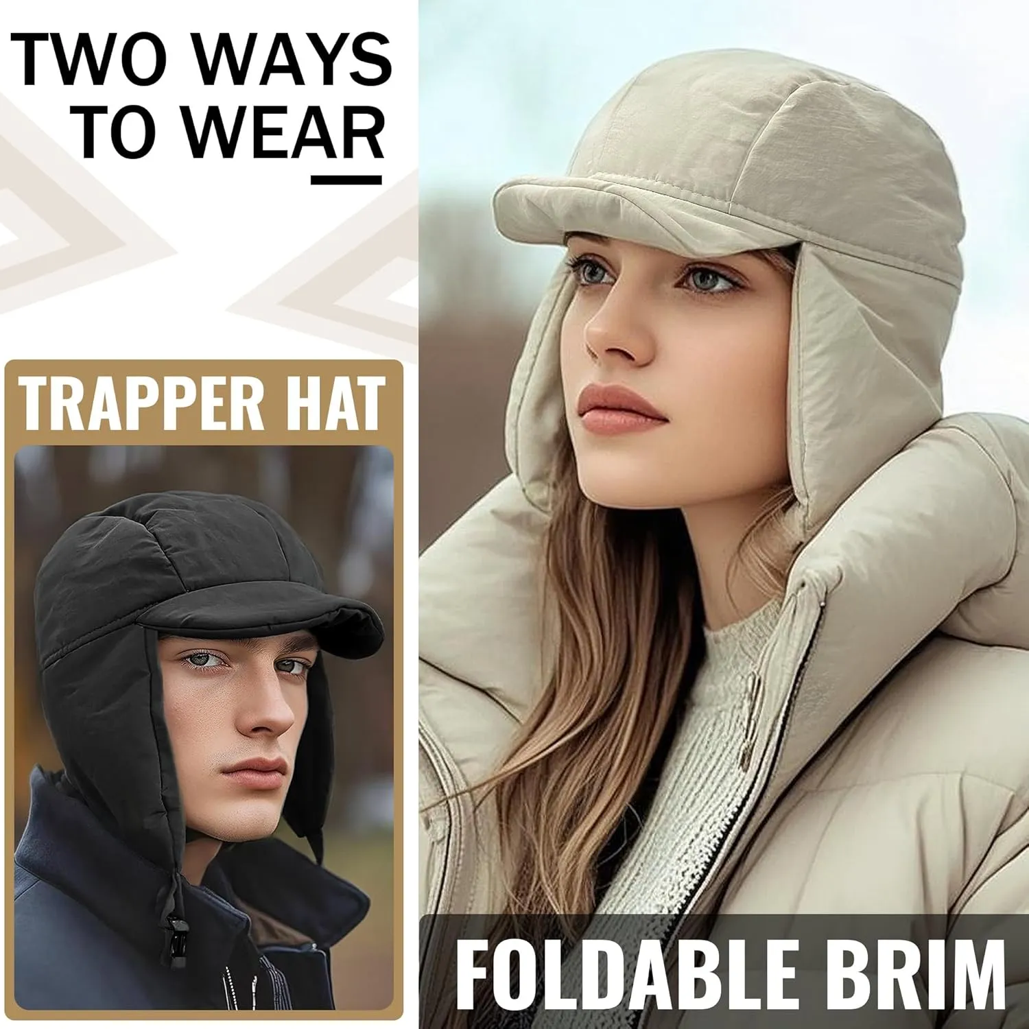 Clakllie Waterproof Trapper Hat for Men Women Windproof Winter Hats with Visor Earflaps Trooper Russian Ushanka Cap