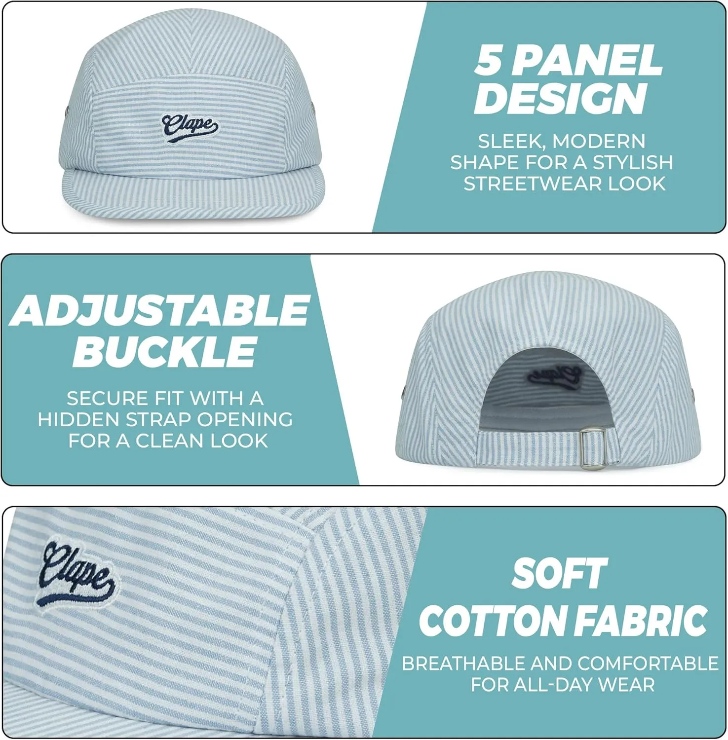 CLAPE Cotton 5 Panel Hat, Flat Brim Baseball Cap, Breathable Striped Unstructured Adjustable Dad Hat for Men & Women