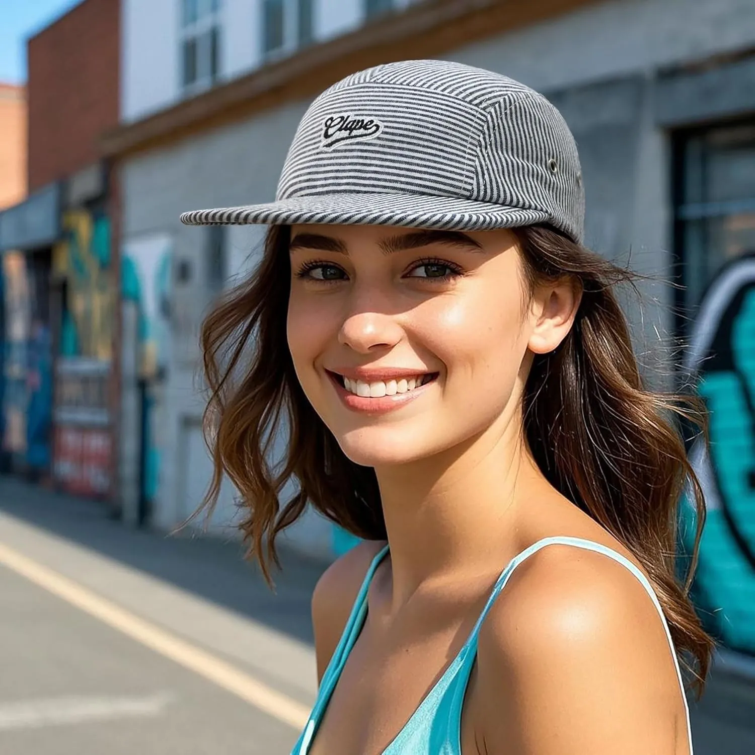 CLAPE Cotton 5 Panel Hat, Flat Brim Baseball Cap, Breathable Striped Unstructured Adjustable Dad Hat for Men & Women