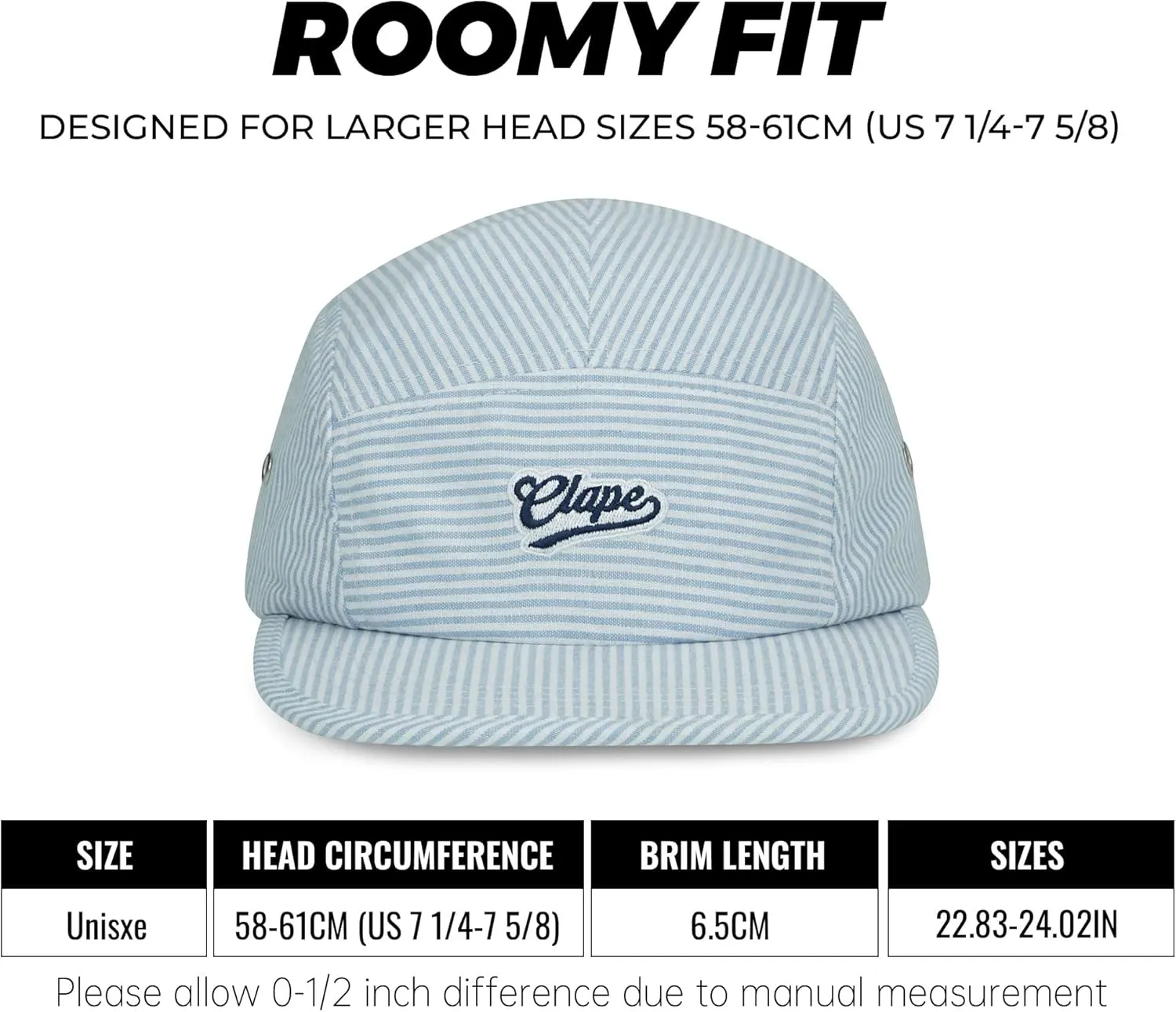 CLAPE Cotton 5 Panel Hat, Flat Brim Baseball Cap, Breathable Striped Unstructured Adjustable Dad Hat for Men & Women