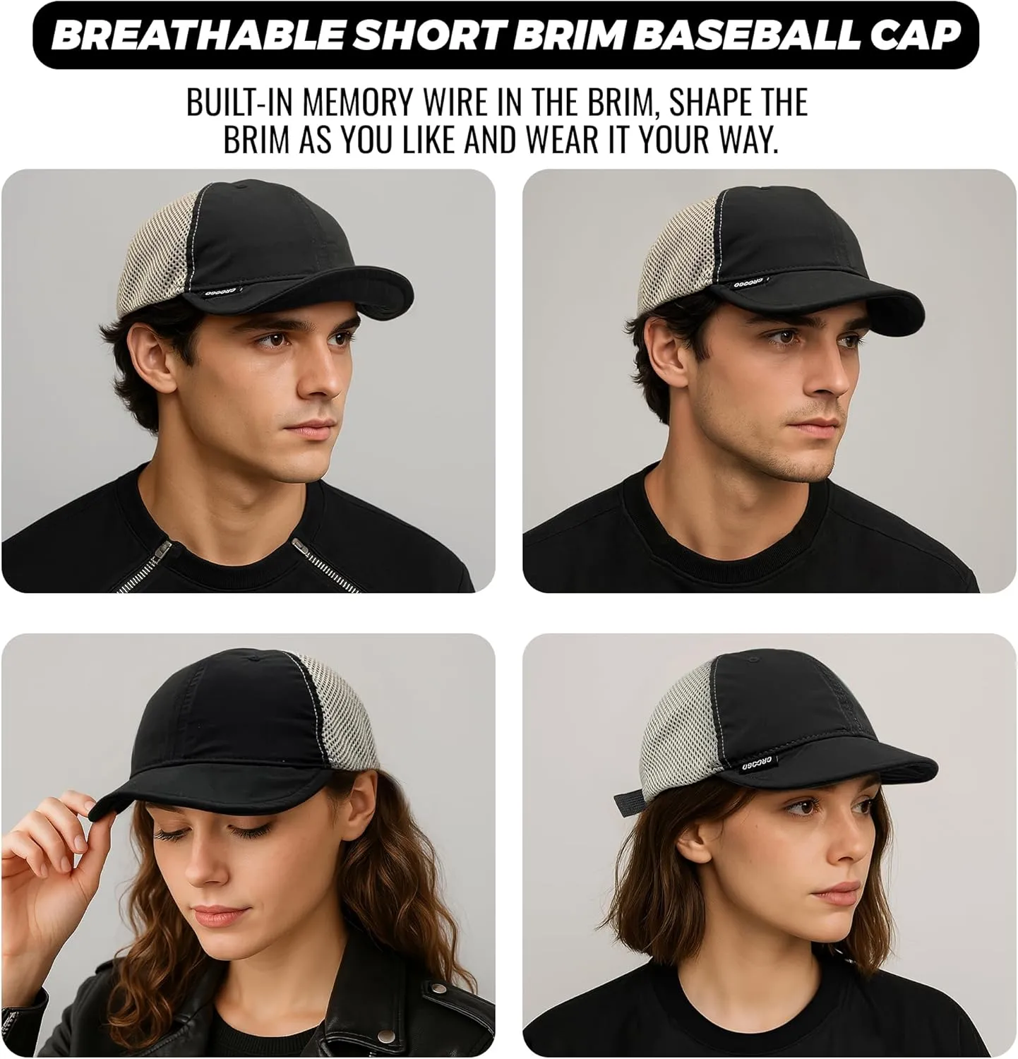 CLAPE Short Brim Baseball Cap Mesh Snapback Dad Caps Unstructured 6 Panel Trucker Hat Unisex Flat Bill Ball Cap Running Caps