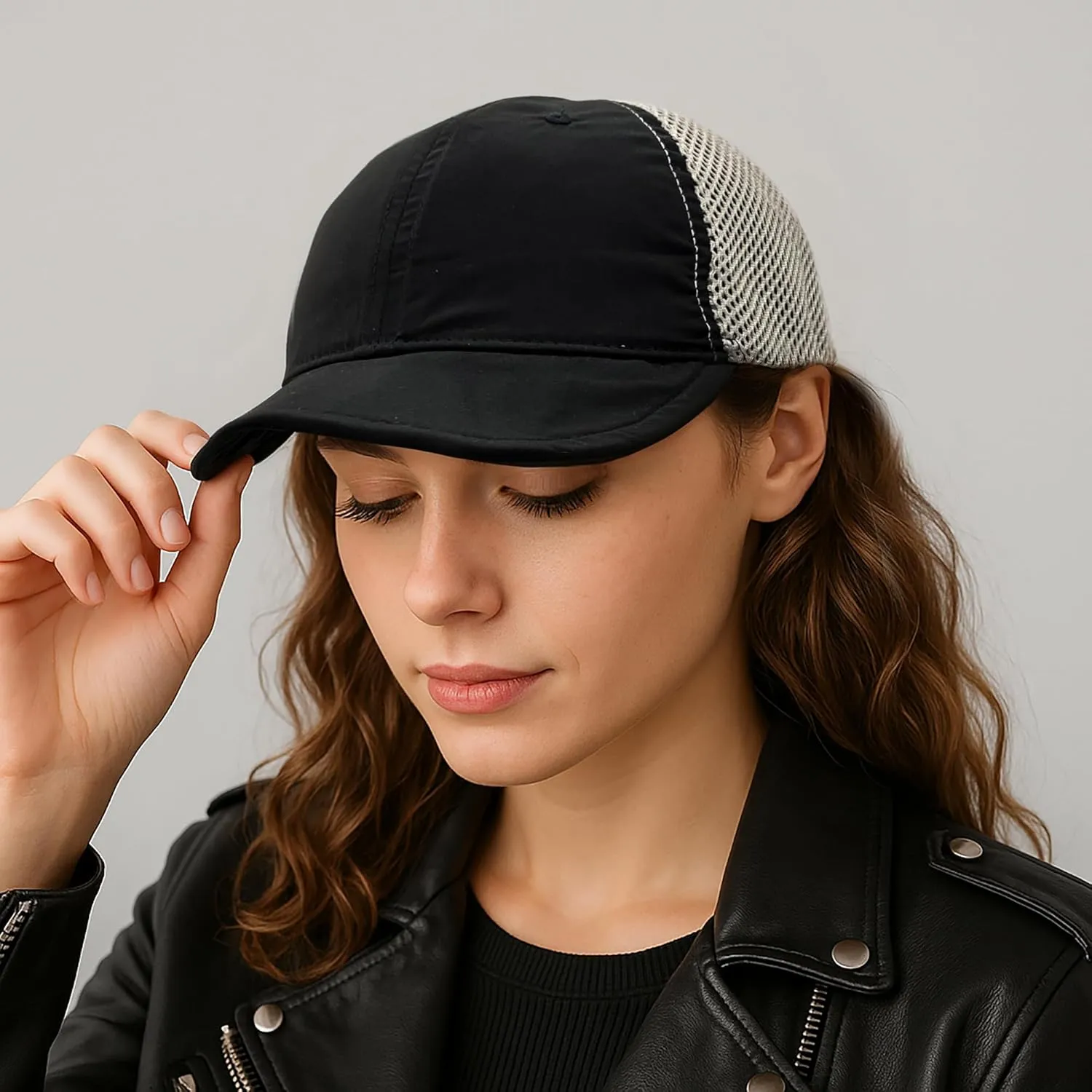 CLAPE Short Brim Baseball Cap Mesh Snapback Dad Caps Unstructured 6 Panel Trucker Hat Unisex Flat Bill Ball Cap Running Caps
