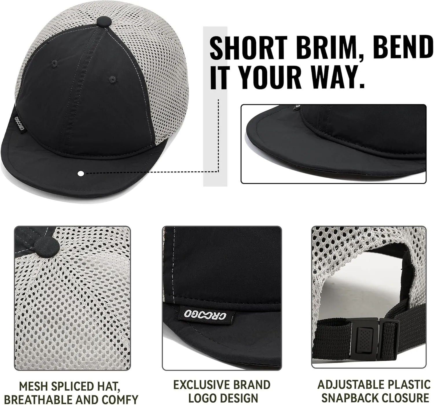 CLAPE Short Brim Baseball Cap Mesh Snapback Dad Caps Unstructured 6 Panel Trucker Hat Unisex Flat Bill Ball Cap Running Caps