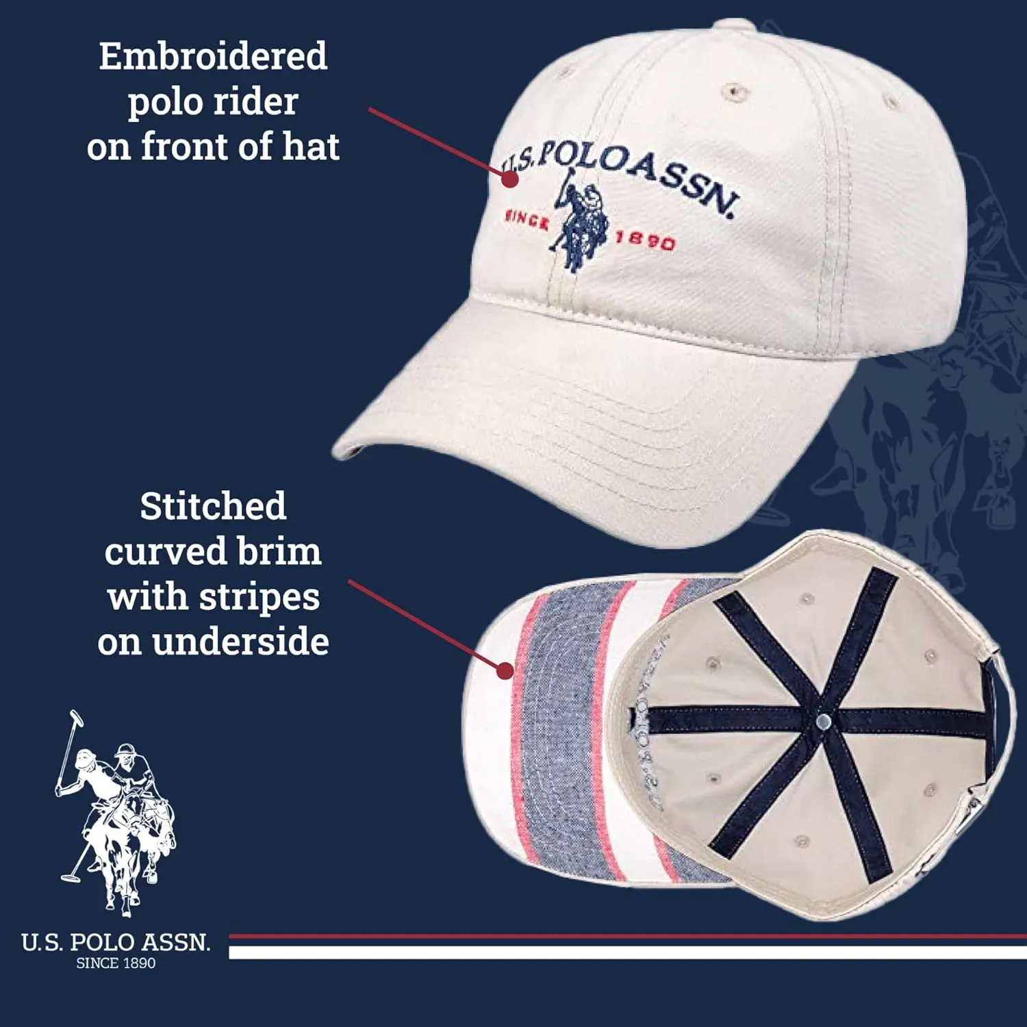 Concept One U.S Polo Assn. Embroidered Pony Horse Logo Since 1890 Adjustable Cotton Baseball Hat with Curved Brim