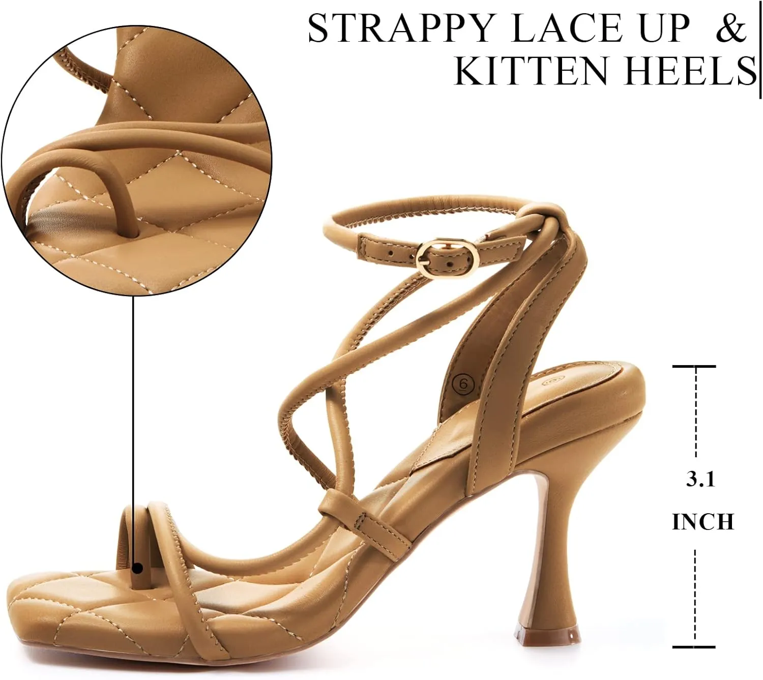 Coutgo Womens Strappy Square Toe Heels Sandals Lace Up Kitten Heeled Sandals Quilted Party Dress Shoes