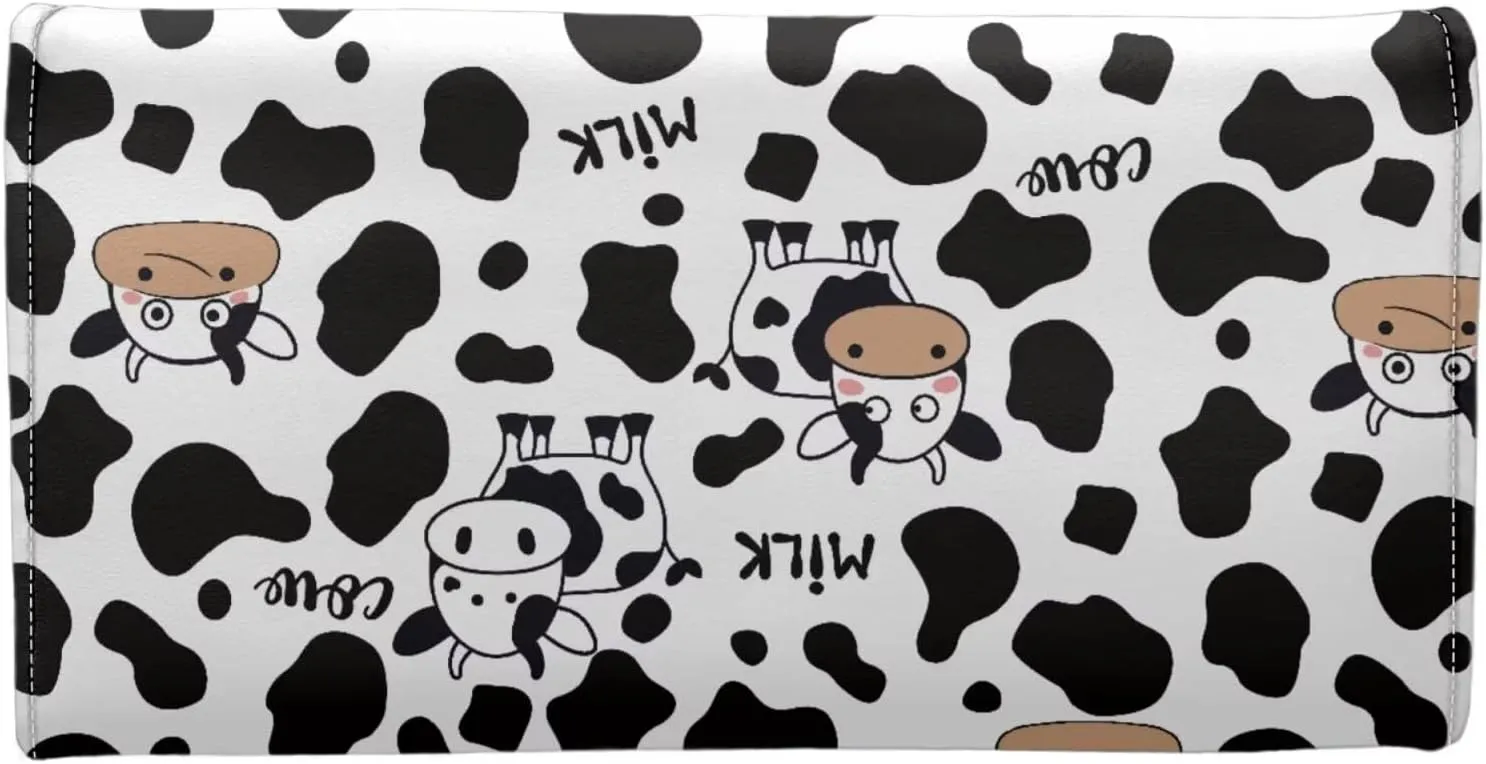 Cows and Cow Prints Leather Wallets for Women RFID Blocking Checkbook Wallet with Credit Card Slots Phone Holder Trifold Purses Zip Coins Pocket Buckle Closure Clutch