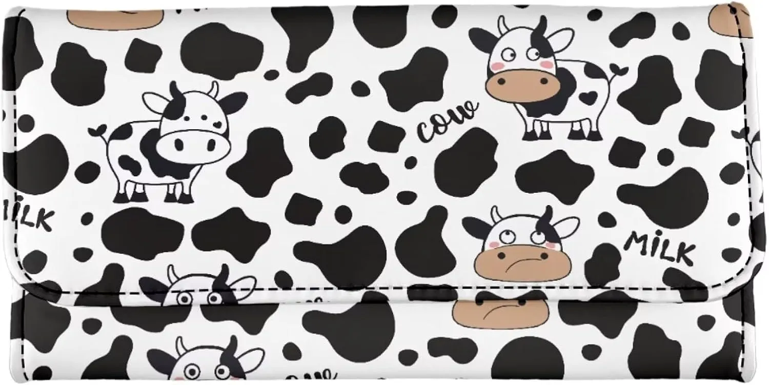 Cows and Cow Prints Leather Wallets for Women RFID Blocking Checkbook Wallet with Credit Card Slots Phone Holder Trifold Purses Zip Coins Pocket Buckle Closure Clutch
