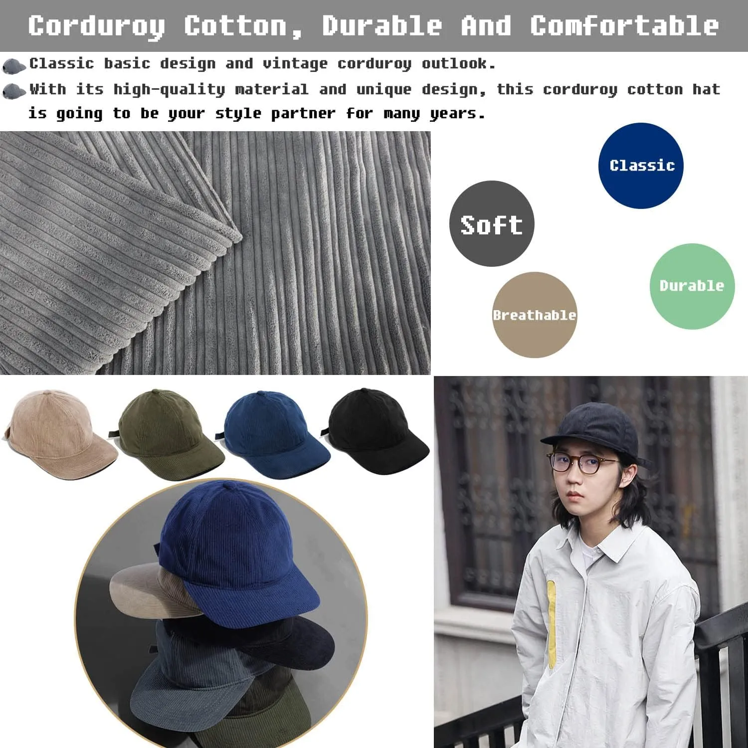Croogo Flat Bill Cap Classic Corduroy Baseball Cap for Men Women Dad Hat 6 Panel Flat Brimmed Camper Hats Visor Sports Cap