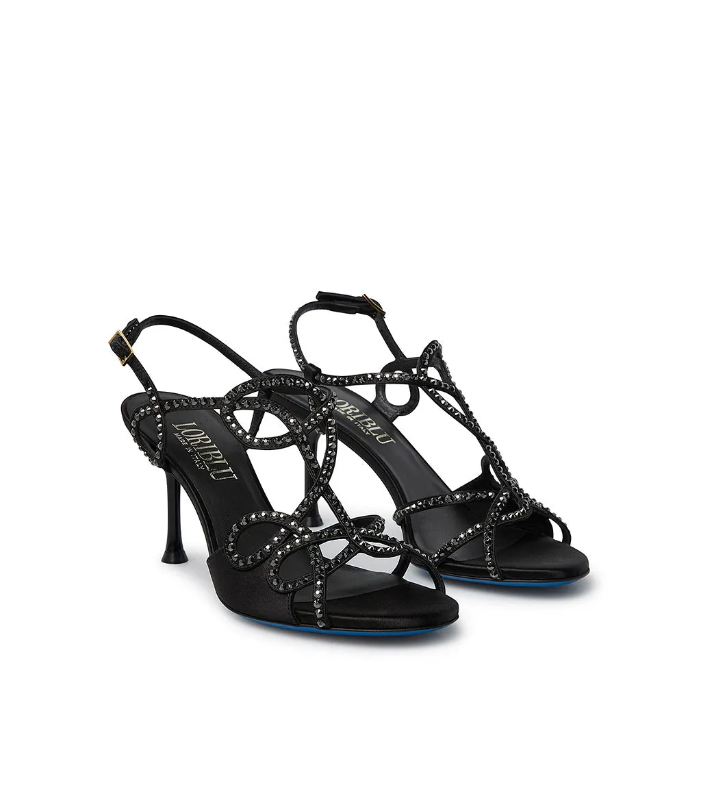 Crystals embellished black satin jewel sandal