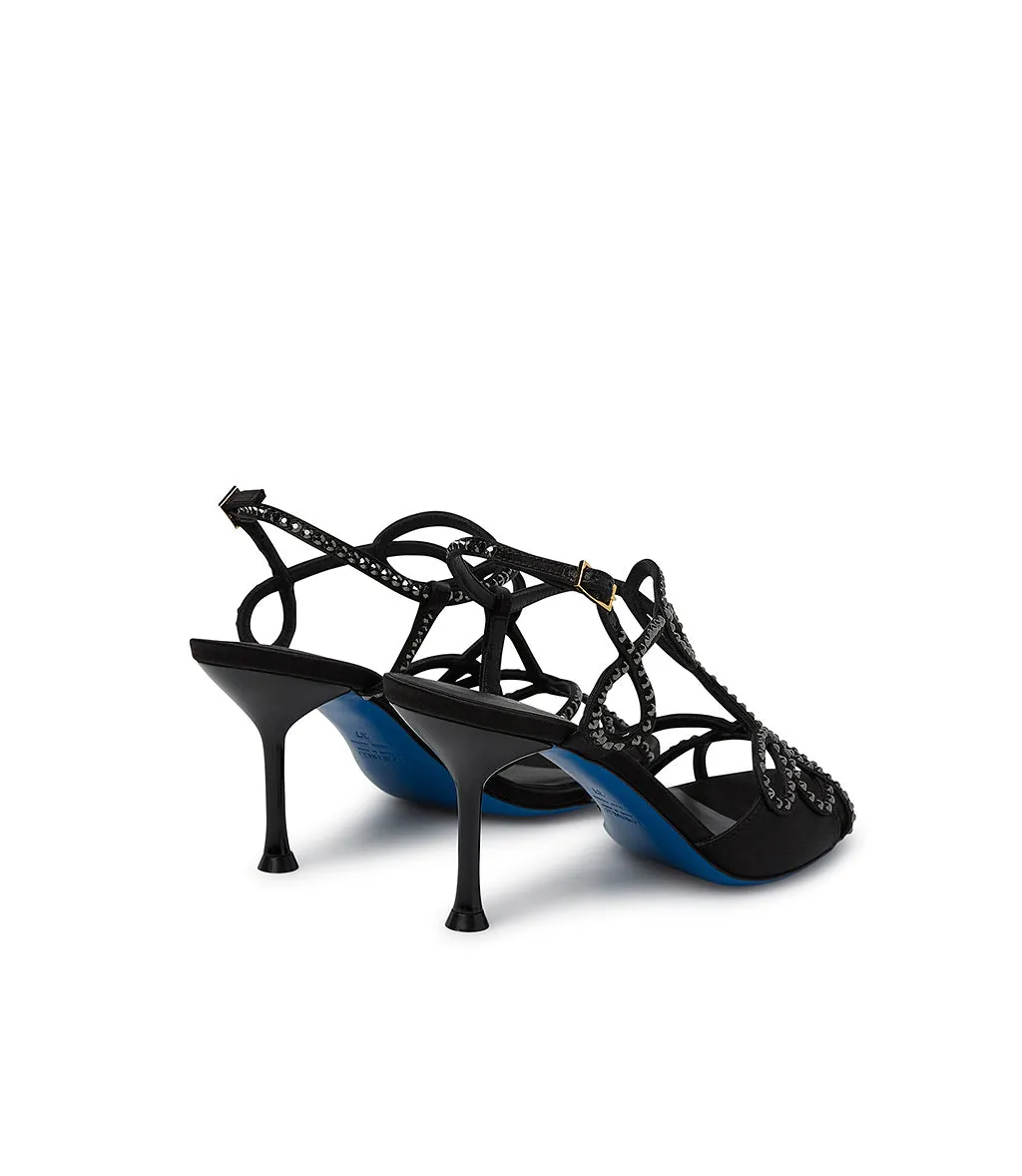 Crystals embellished black satin jewel sandal