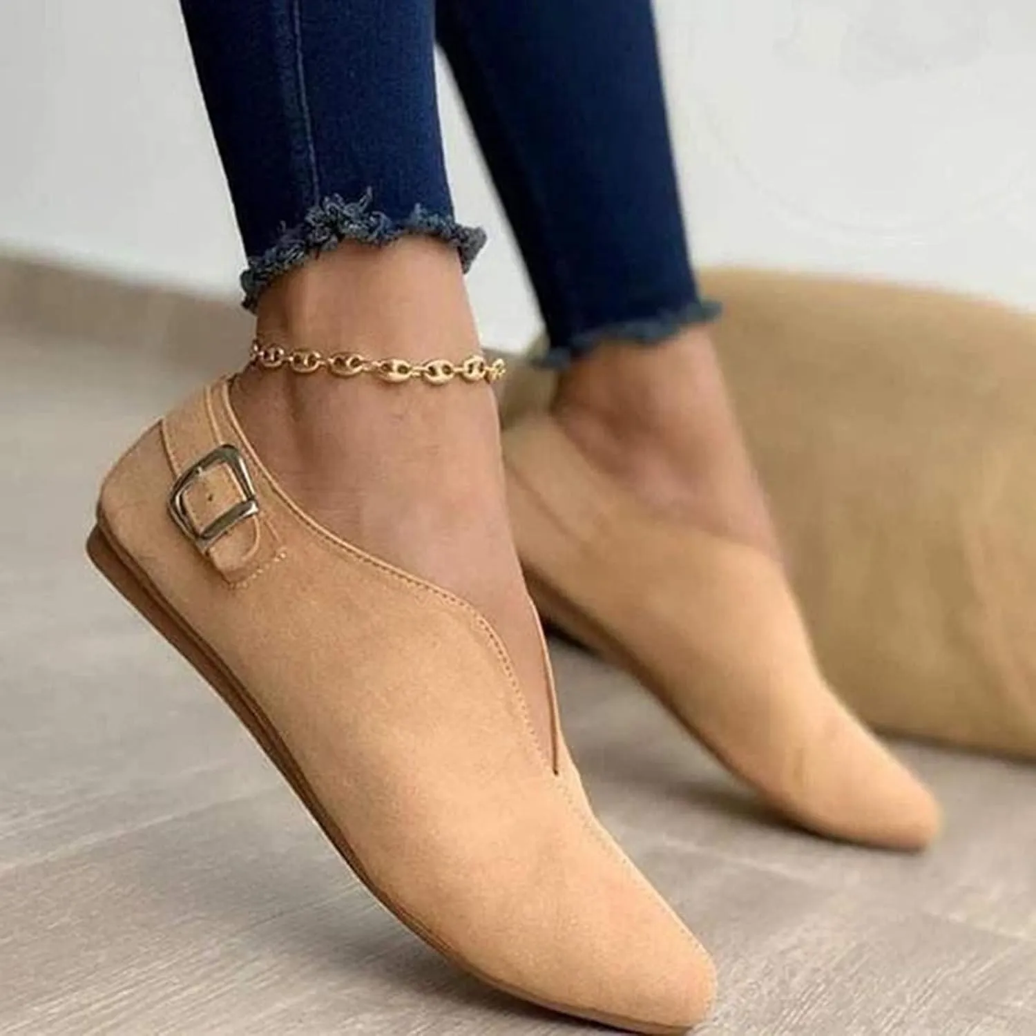 Crzidha Walking Shoes for Women Slip On Buckle Casual V Cut Pointed Toe Loafers Lightweight Comfort Soft Flat Dress Shoes Ballet Flats Fashion Non-Slip Cute Work Office Business Sneakers Shoes