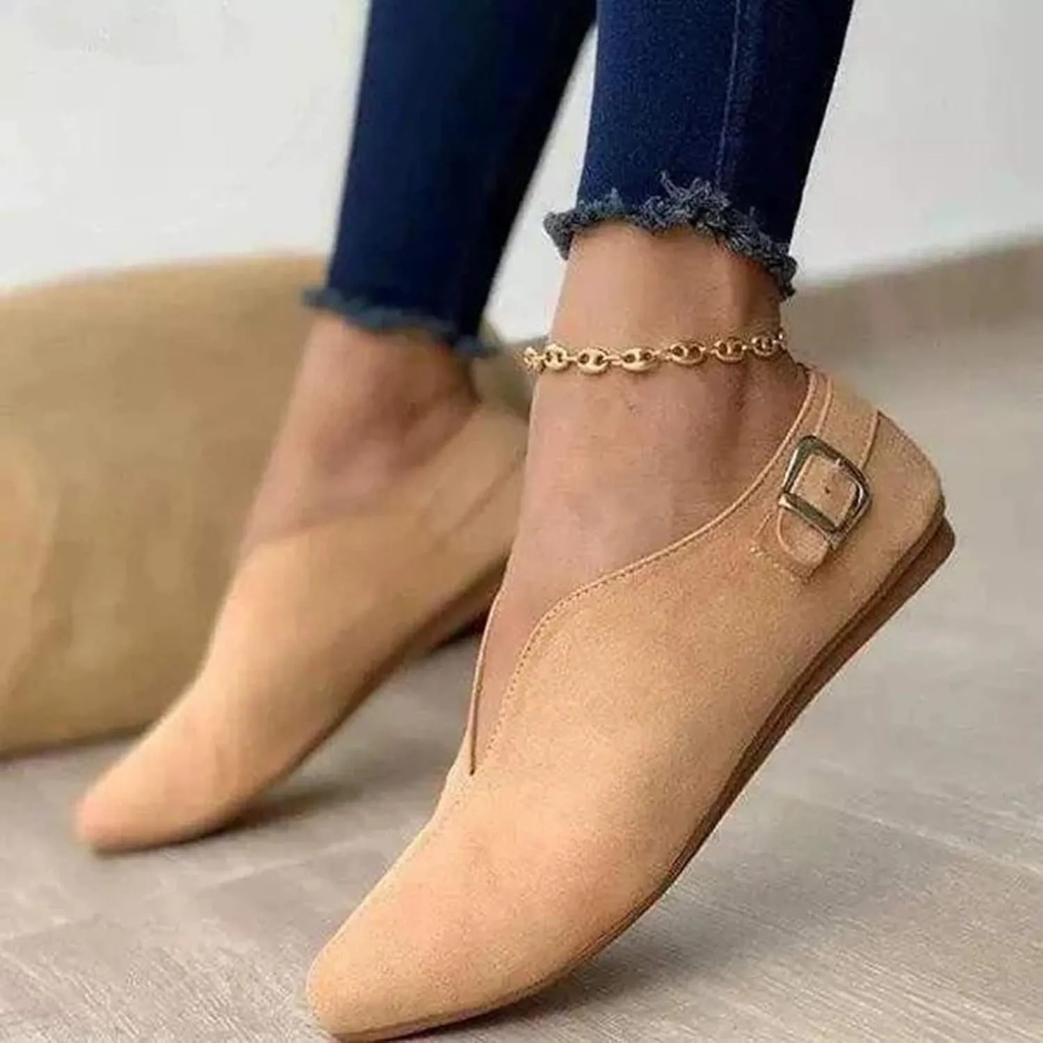 Crzidha Walking Shoes for Women Slip On Buckle Casual V Cut Pointed Toe Loafers Lightweight Comfort Soft Flat Dress Shoes Ballet Flats Fashion Non-Slip Cute Work Office Business Sneakers Shoes