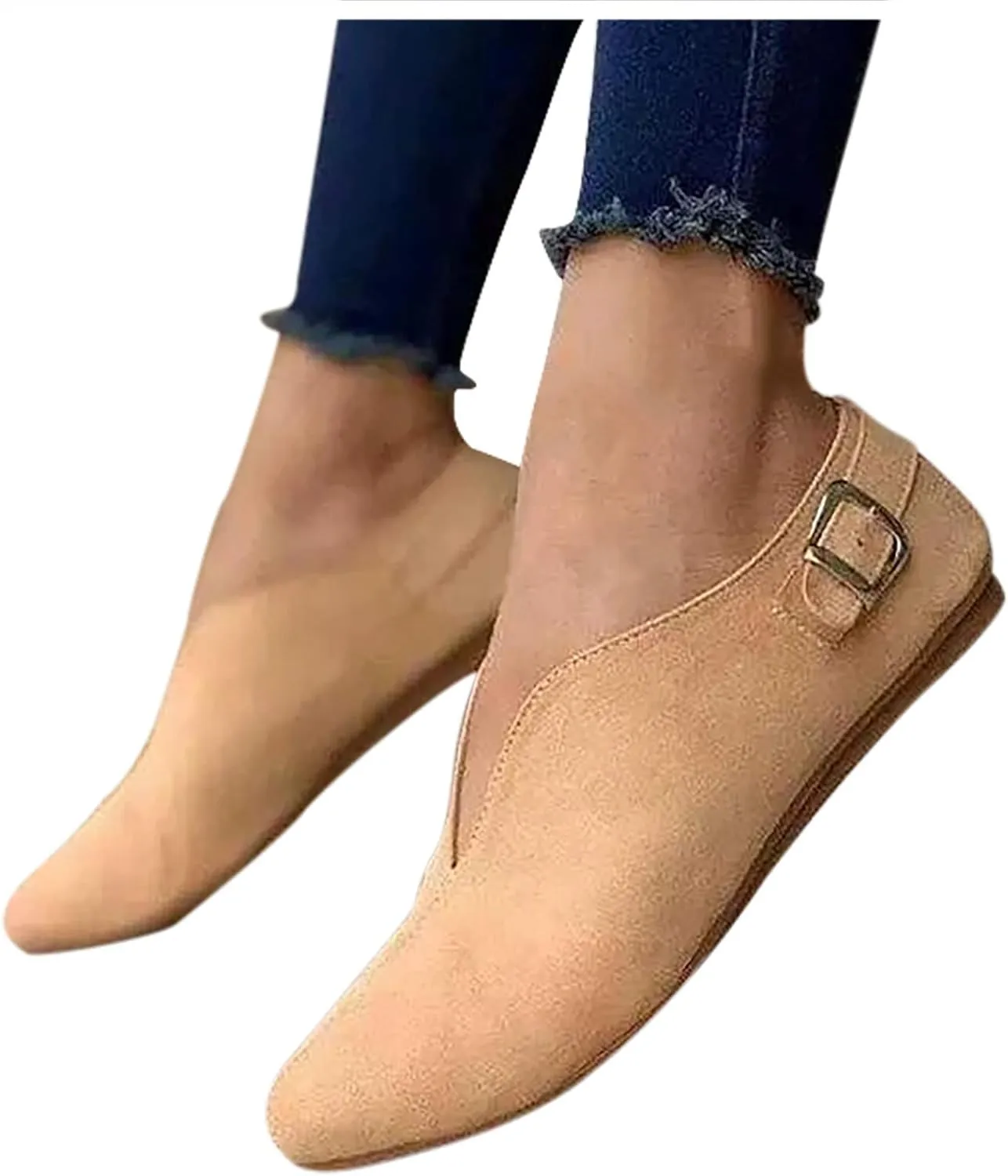 Crzidha Walking Shoes for Women Slip On Buckle Casual V Cut Pointed Toe Loafers Lightweight Comfort Soft Flat Dress Shoes Ballet Flats Fashion Non-Slip Cute Work Office Business Sneakers Shoes