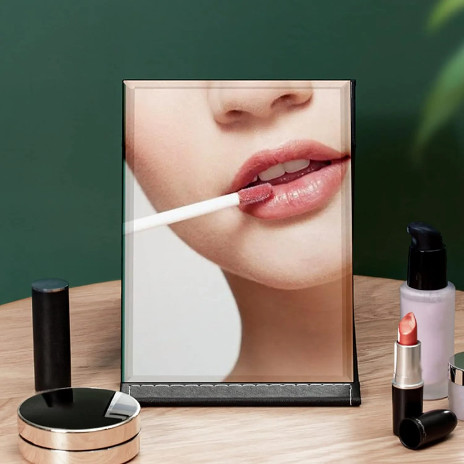 Desk Mirror, Pu Leather Portable Folding Desktop Makeup Mirror With Adjustable Stand For Personal Office Travelling,Table Mirror High Clear Stand Mirror, Compact Travel Mirror, Black Make-up mirror wi