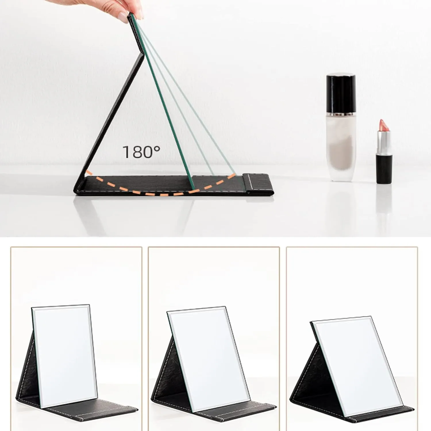 Desk Mirror, Pu Leather Portable Folding Desktop Makeup Mirror With Adjustable Stand For Personal Office Travelling,Table Mirror High Clear Stand Mirror, Compact Travel Mirror, Black Make-up mirror wi