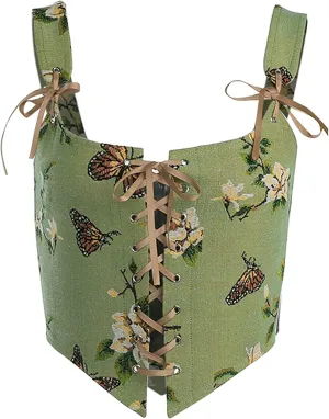 Dreay Womens Vintage Floral Print Grommet Lace Up Tie Front Corset Bustier Shapewear Top