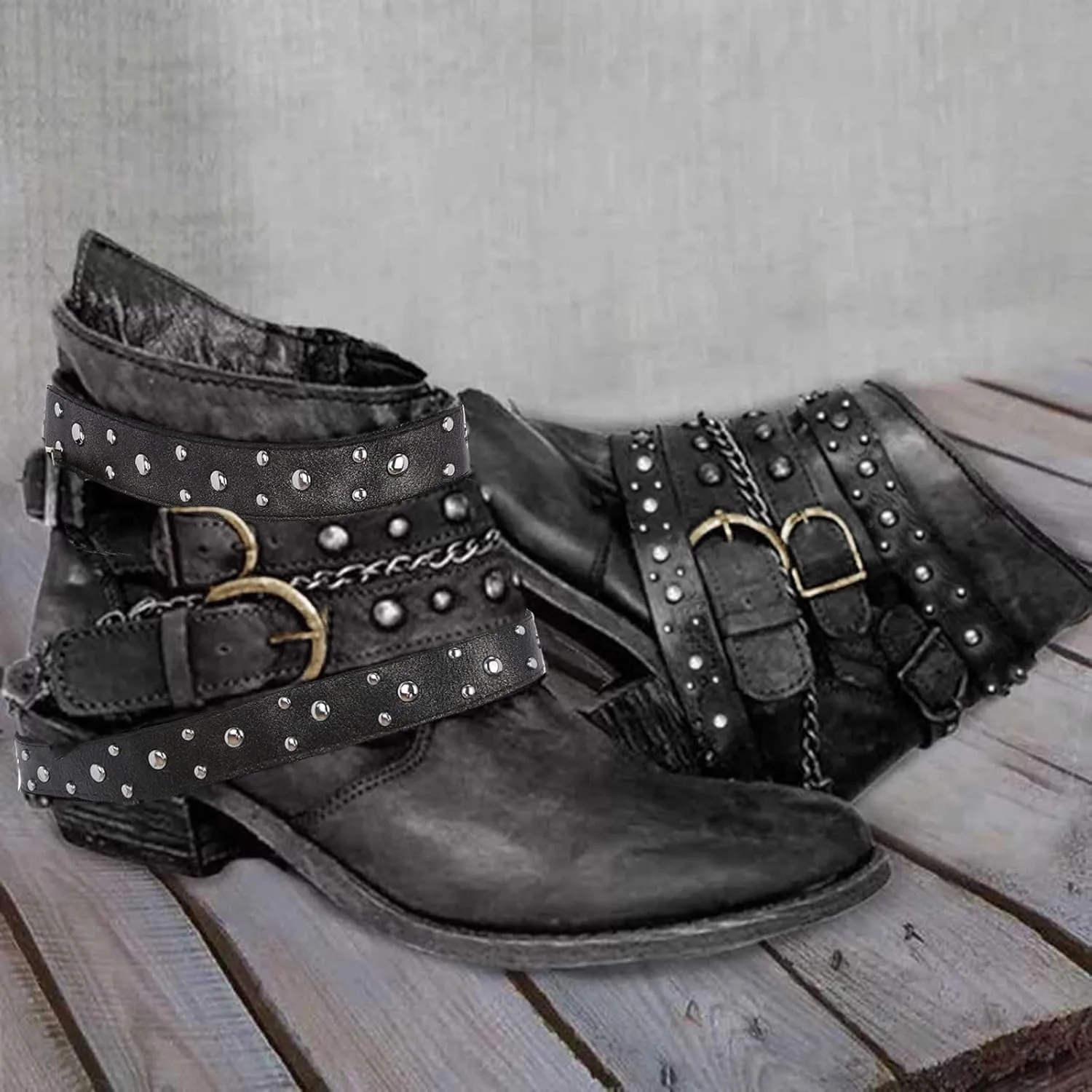 Dsisskai Womens Slouchy Faux Leather Ankle Boots Booties Retro Chunky Block Heel Buckle Belts Metal Chain Short Boots Fashion Knight Boots