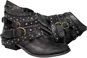 Dsisskai Womens Slouchy Faux Leather Ankle Boots Booties Retro Chunky Block Heel Buckle Belts Metal Chain Short Boots Fashion Knight Boots