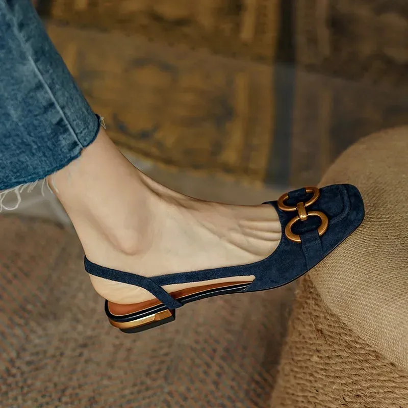 Elegant Navy Blue Low Square Heel Sandal