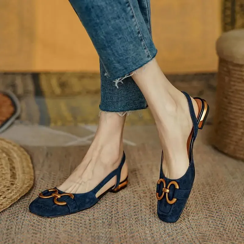 Elegant Navy Blue Low Square Heel Sandal