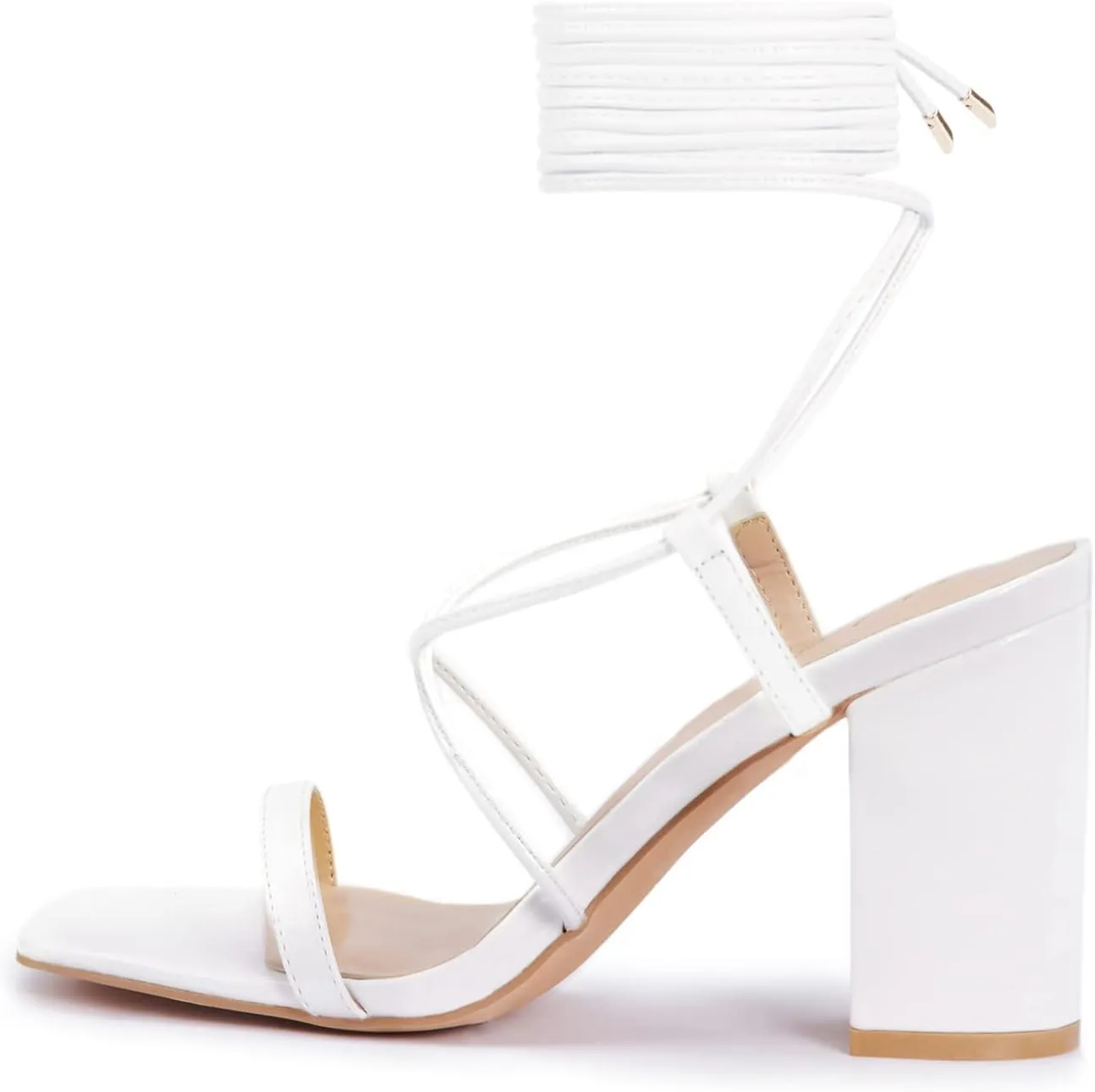 Elisabet Tang Women's Strappy Chunky Heels Sandals, 3 inch Low Block Heels Lace Up Ankle Wrap Heels Square Open Toe Tie Up Heeled Sandals Shoes