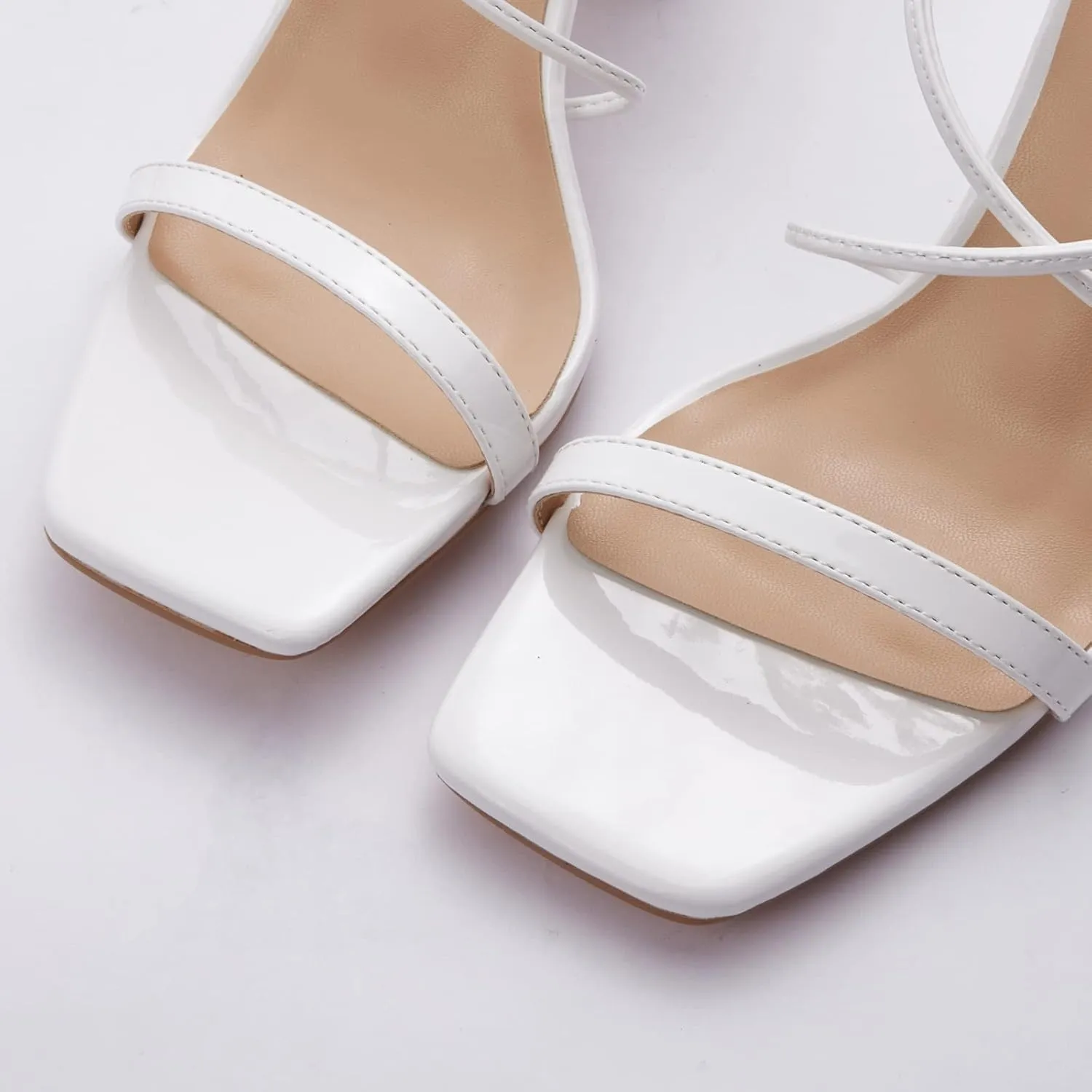 Elisabet Tang Women's Strappy Chunky Heels Sandals, 3 inch Low Block Heels Lace Up Ankle Wrap Heels Square Open Toe Tie Up Heeled Sandals Shoes