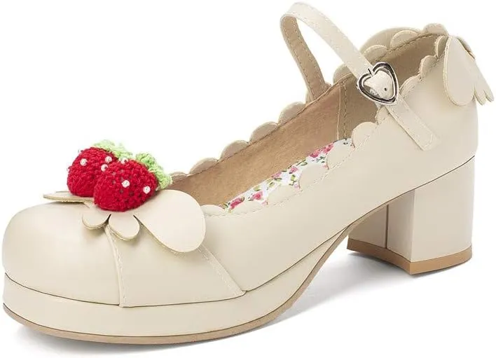 Elyffany Women's Cute Lolita Cosplay Shoes Mid Chunky Heel Mary Jane Pumps