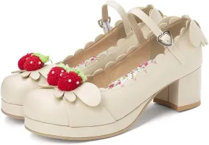 Elyffany Women's Cute Lolita Cosplay Shoes Mid Chunky Heel Mary Jane Pumps