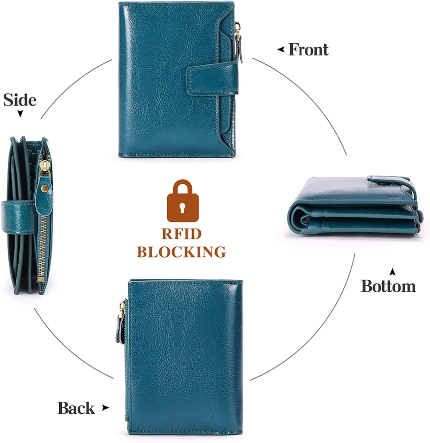 FALAN MULE Women's Genuine Leather Bifold Compact RFID Blocking Wallet, Blue, 5.12 x 3.93 x 1.2 in