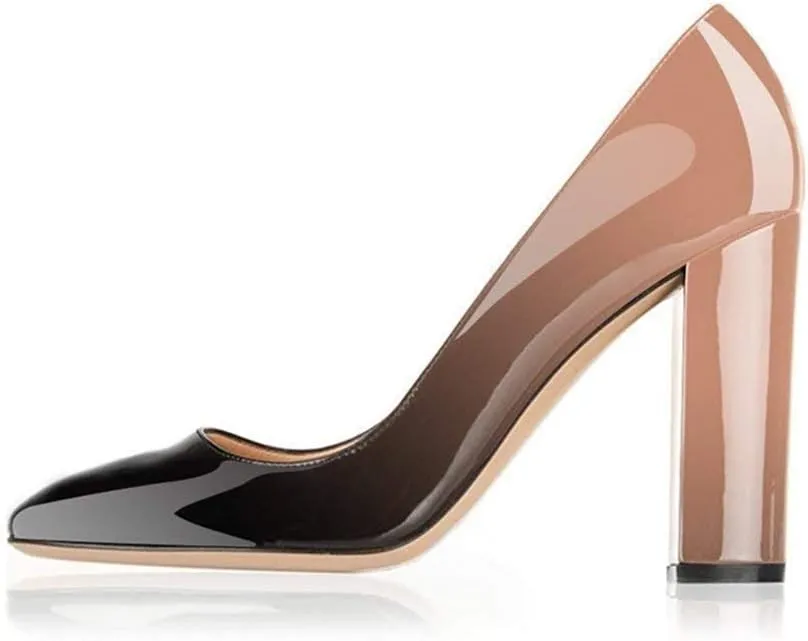 Fericzot Pumps Women Sexy Patent Leather Pointed Toe Block Heels Pumps Gorgeous Evening Party Wedding Stiletto Shoes Plus Size