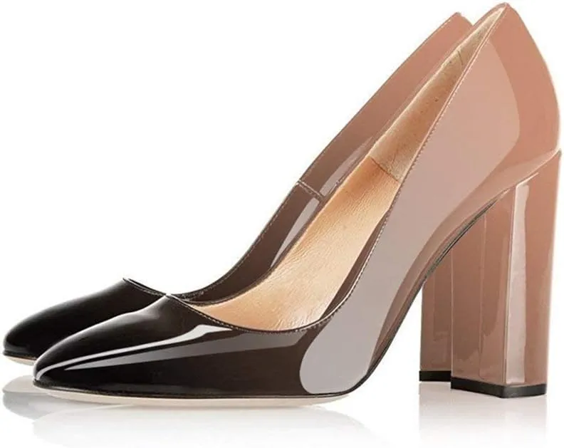 Fericzot Pumps Women Sexy Patent Leather Pointed Toe Block Heels Pumps Gorgeous Evening Party Wedding Stiletto Shoes Plus Size