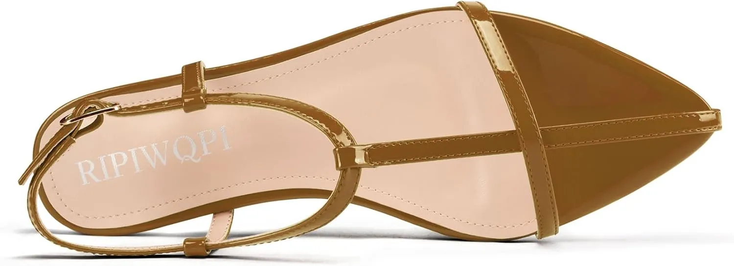 Flat Sandals for Women Pointed Toe Ankle Strap Adjustable Buckle Slide Sandal for Casual 0.4 Inches Heels