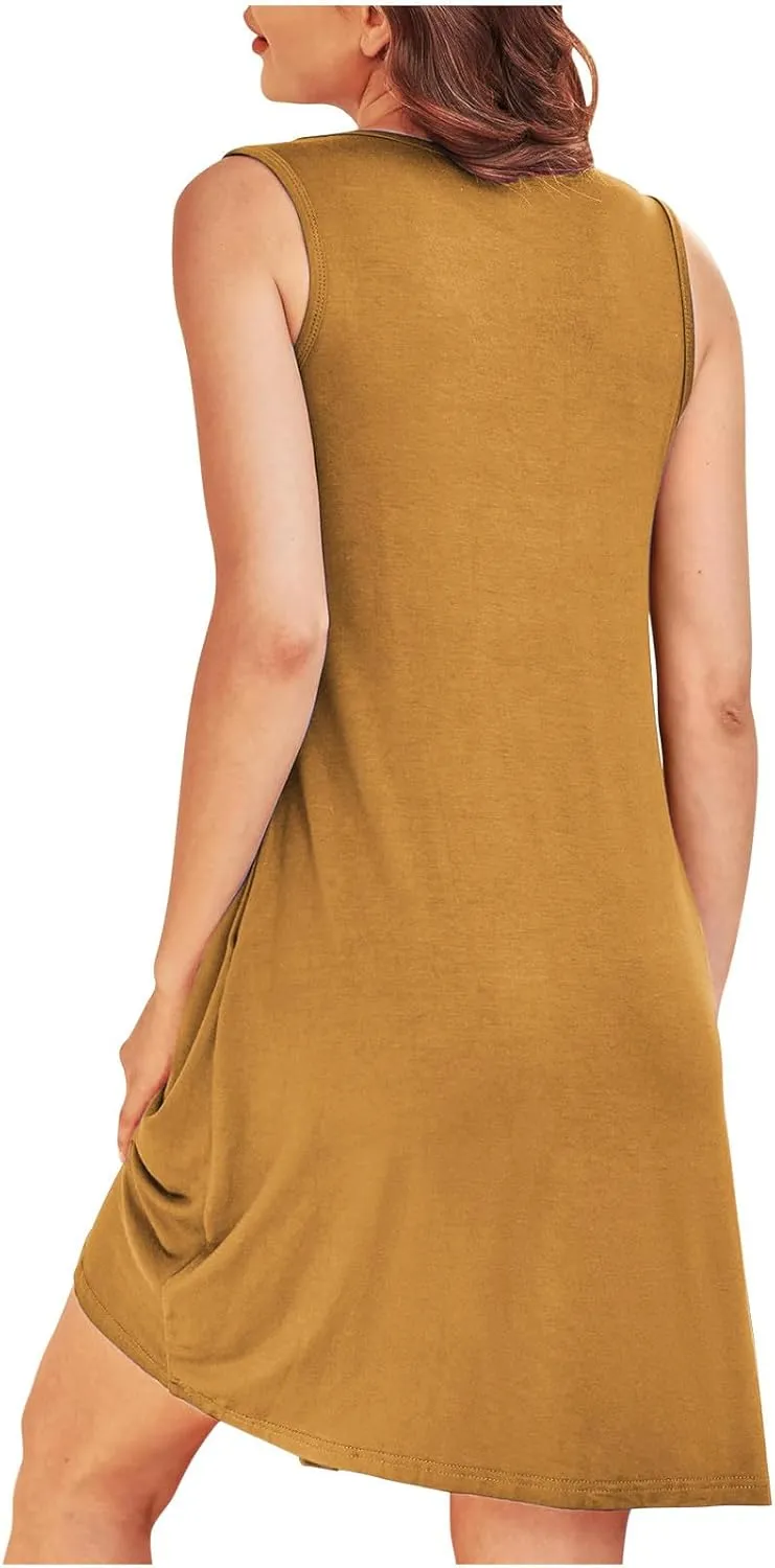 Flowy Dresses for Women Sleeveless Ruched Front T-Shirts Dress Halter Solid Casual Short Tank Sundress with Pockets