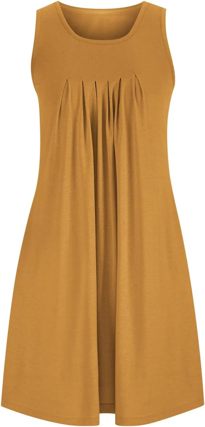 Flowy Dresses for Women Sleeveless Ruched Front T-Shirts Dress Halter Solid Casual Short Tank Sundress with Pockets