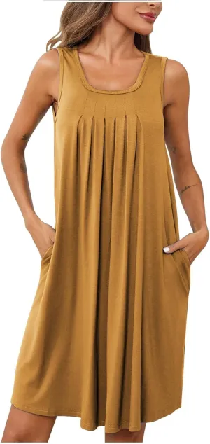 Flowy Dresses for Women Sleeveless Ruched Front T-Shirts Dress Halter Solid Casual Short Tank Sundress with Pockets